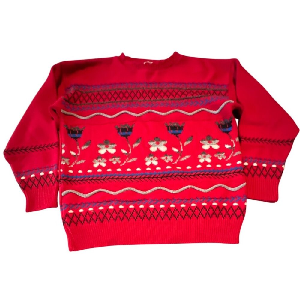 Vintage Alberoy Red Floral Pattern Knit Sweater L Made In U.S.A.